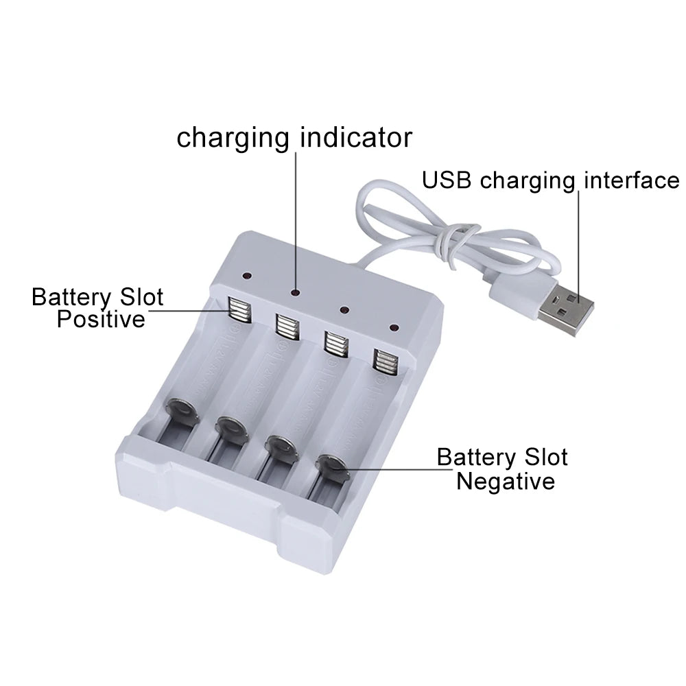 A white battery charger device showing the positive and negative battery slots, a charging indicator, and a USB charging inte