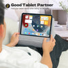 A person is holding a tablet in a multi-angle adjustable holder while sitting on a sofa.