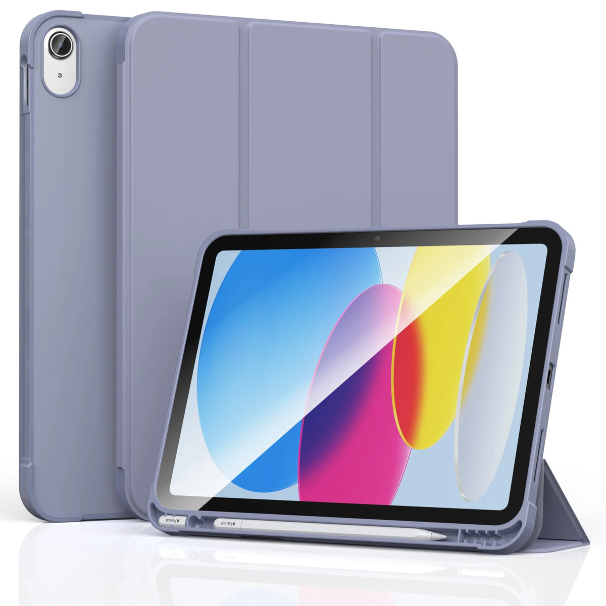 A silver protective case for an iPad is shown next to the device.
