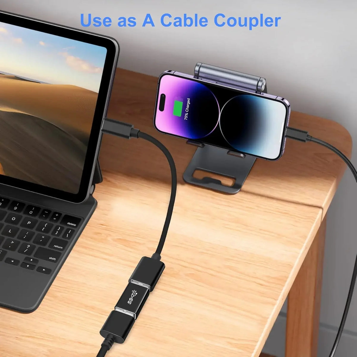 A cable coupler connects a USB-C cable to a smartphone for data transfer and charging.