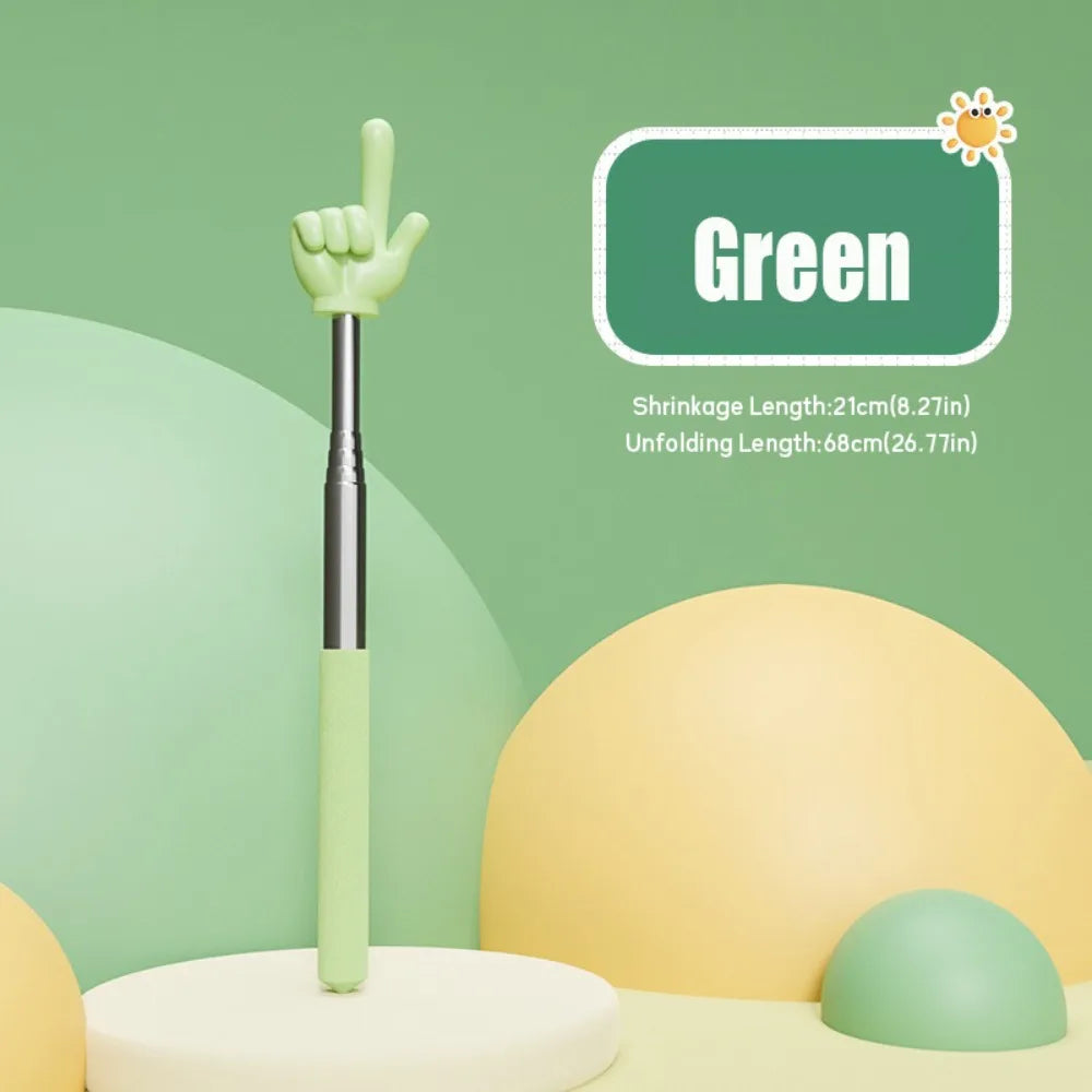 Green telescopic teaching pointer with a green handle and gold accents displayed against a light green background.