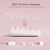 A display of translucent pink and white OEM profile mechanical keycaps, including R4, R3, R2, R1, and Shift keycaps.