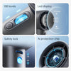 Close-up views of a handheld fan showing 100 levels, LED display, safety lock, and AI protection chip features.