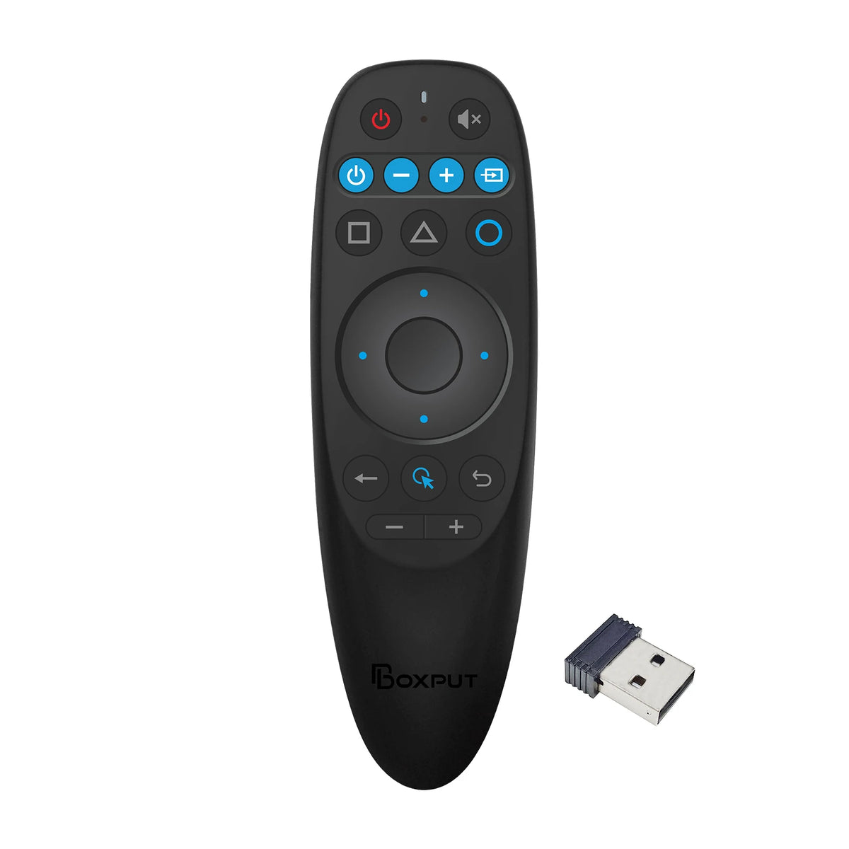 Black wireless gyro air mouse remote with backlit keys and a USB receiver