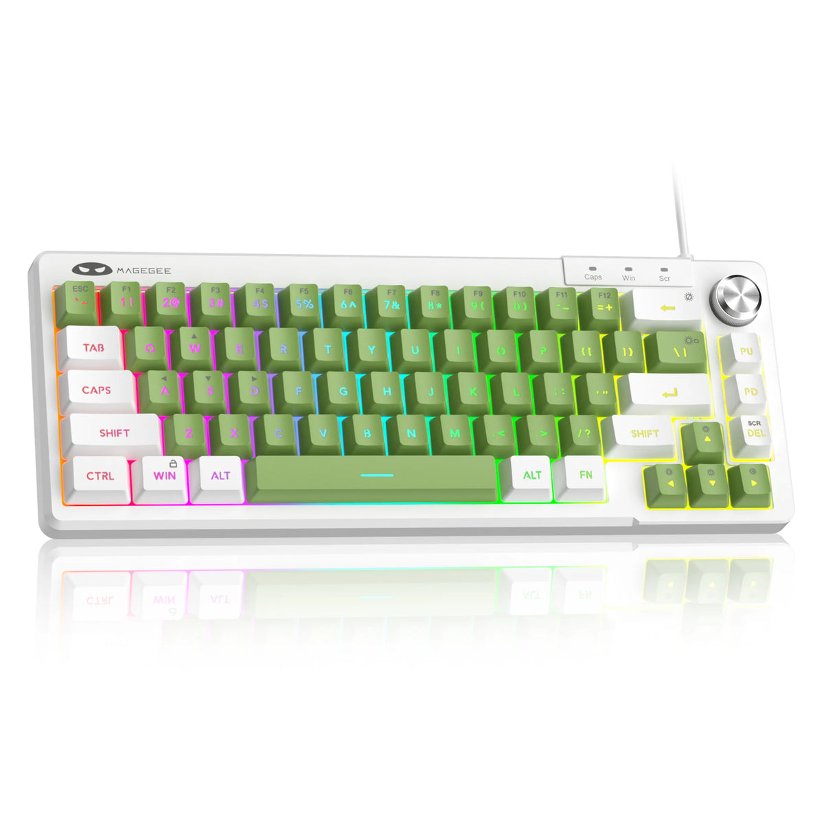 A white compact 68-key RGB backlit wired keyboard with various function keys and a rotary dial.