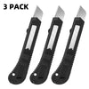 A set of three black retractable utility box cutters.