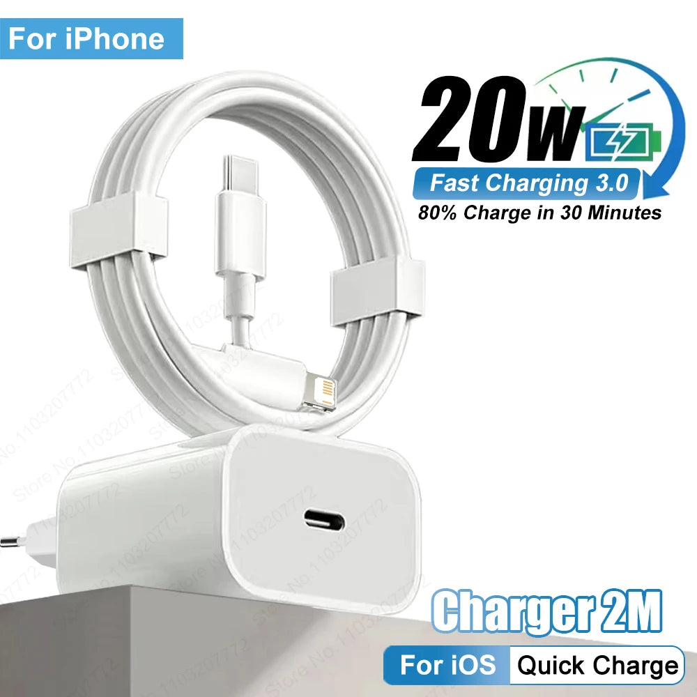 Weißes 20W USB-C Lightning Kabel und Ladegerät für schnelles Aufladen eines iPhones.