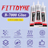Three bottles of B-7000 Glue, a clear semi-fluid craft adhesive, are shown with various features listed.