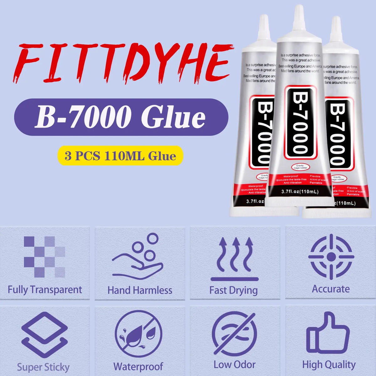 Three bottles of B-7000 Glue, a clear semi-fluid craft adhesive, are shown with various features listed.