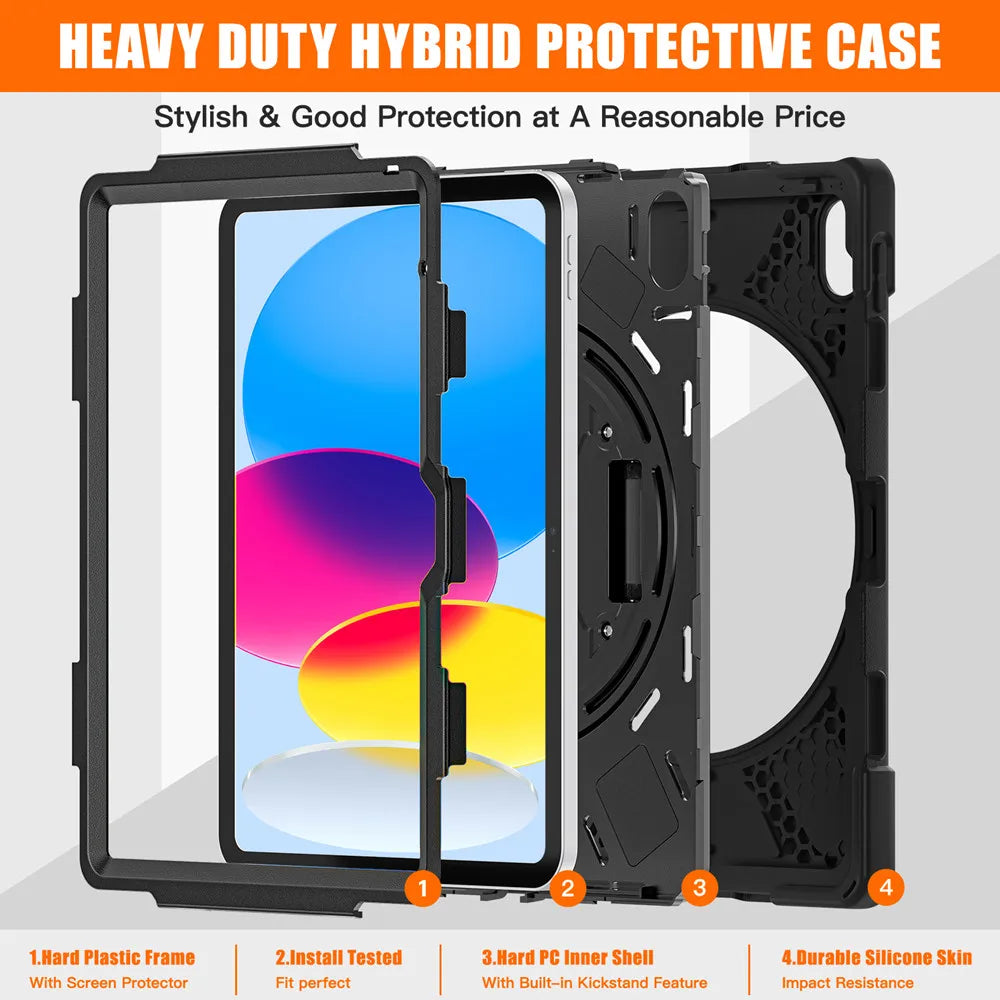 A heavy duty hybrid protective case for an iPad showing four components: a plastic frame, an installed tested shell, a PC inn