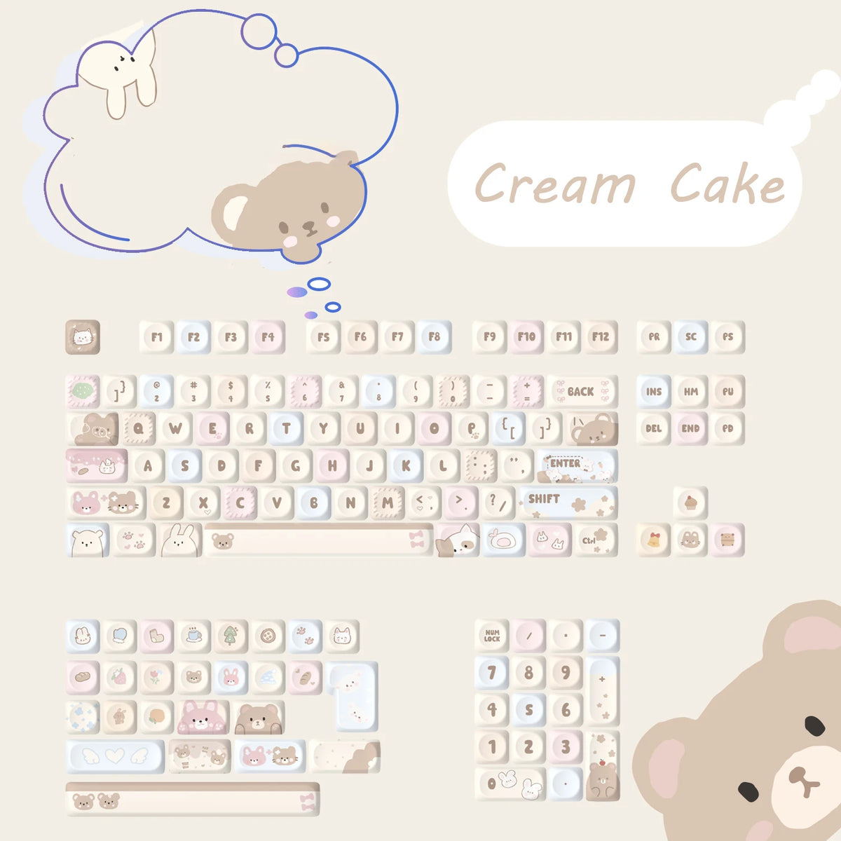 A collection of light pink and beige PBT keycaps for a mechanical keyboard, featuring cute animal and food themes.