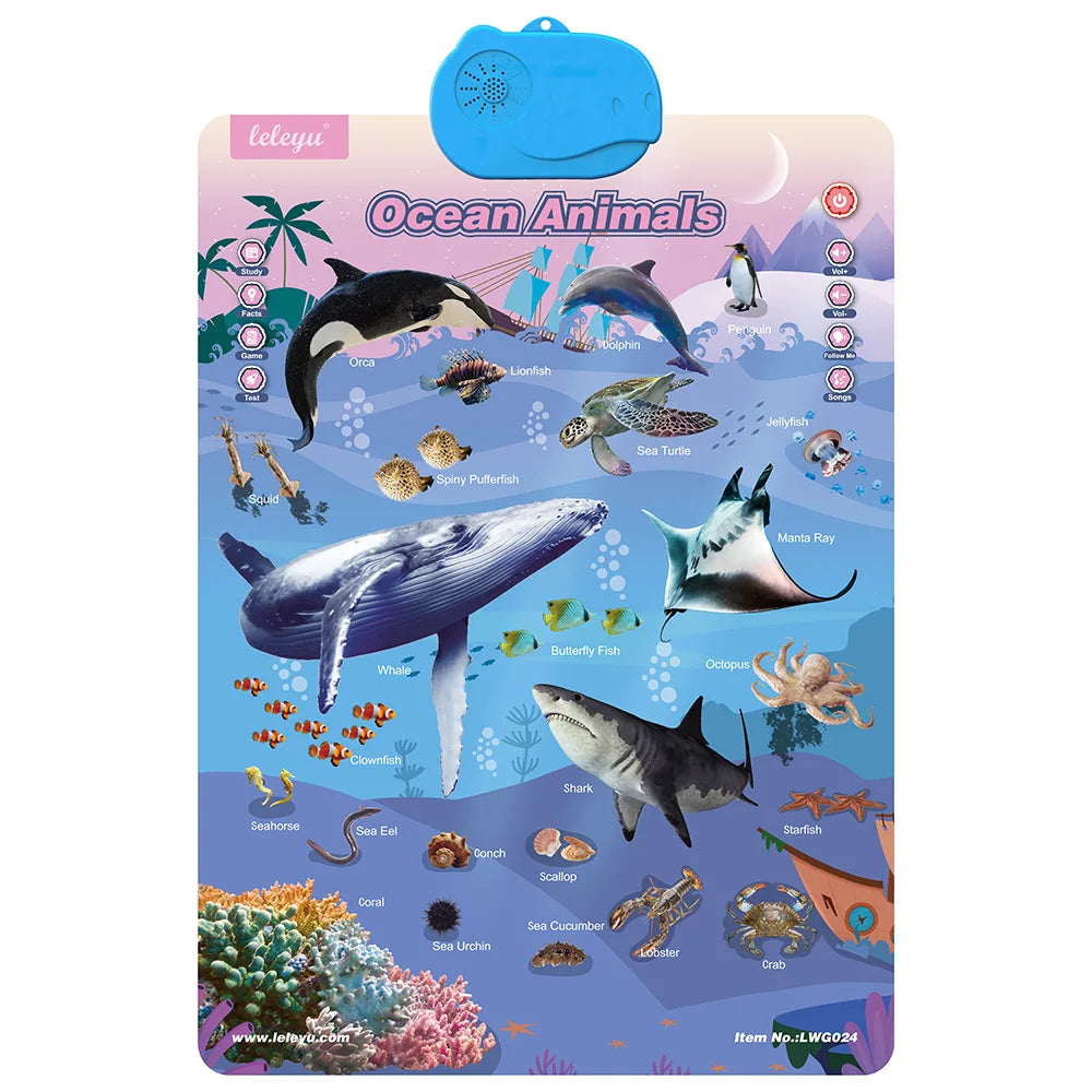 An interactive alphabet wall chart featuring various ocean animals like dolphins whales sharks and sea turtles for preschool 