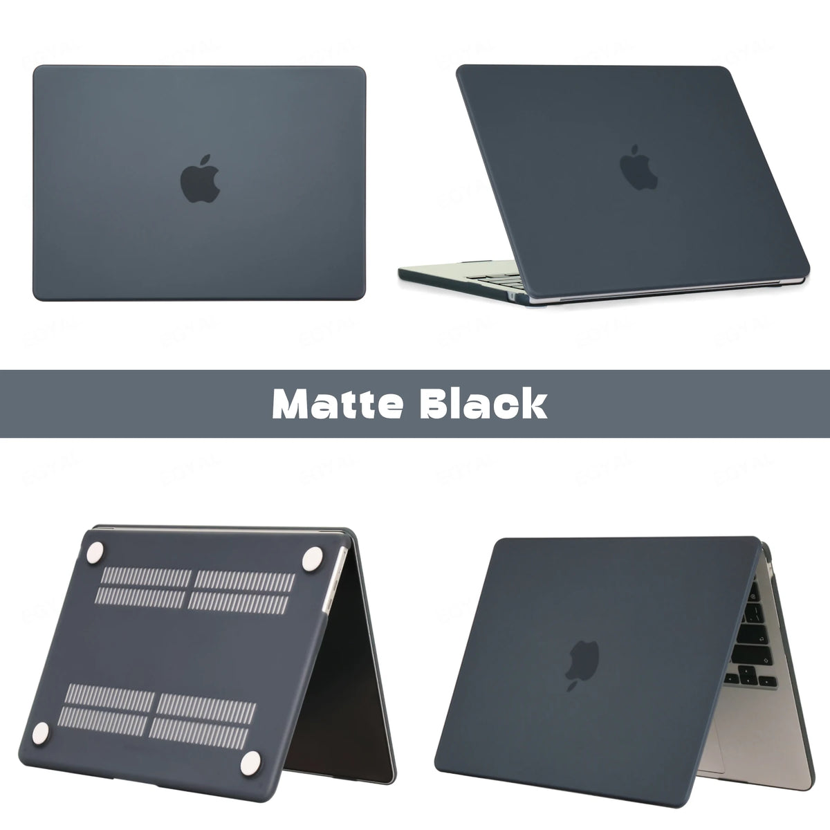 Mattschwarzer Schutzhülle für ein MacBook Pro Laptop in verschiedenen Winkeln.