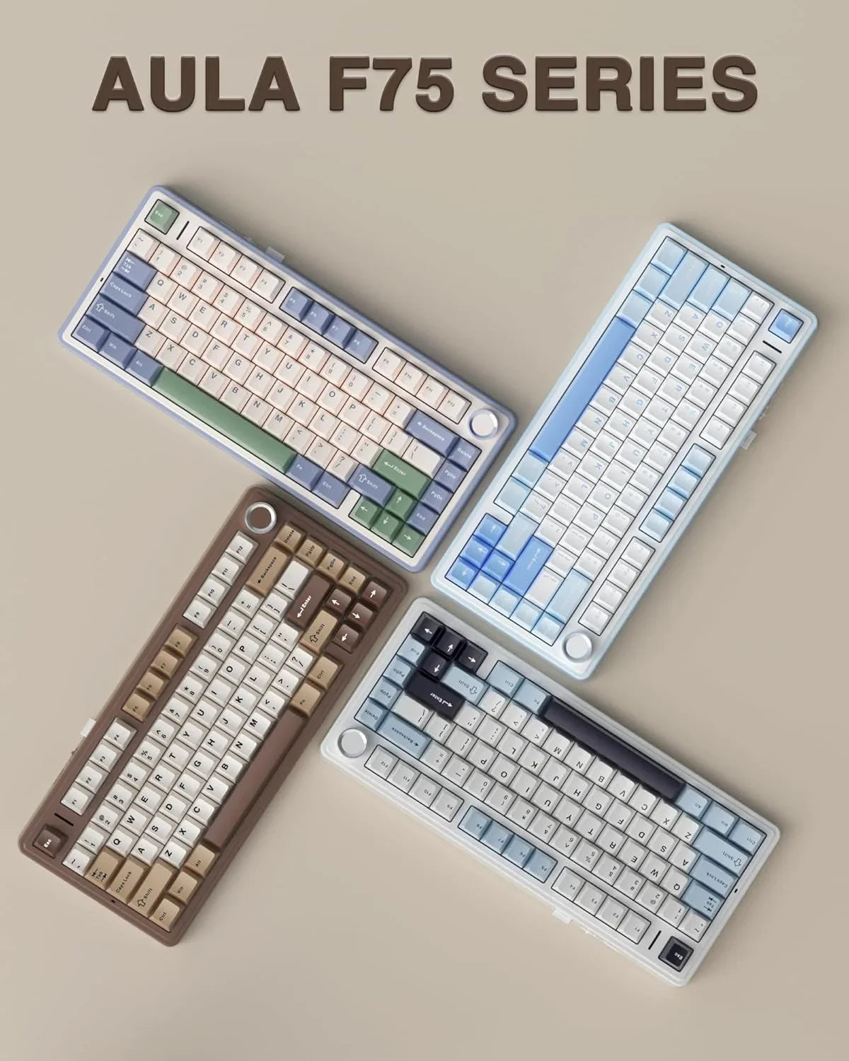 A set of AULA F75 series mechanical keyboards shown from various angles.