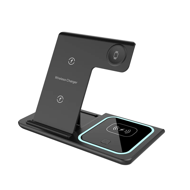 Almohadilla de carga inalámbrica negra con soporte para cargar iPhone, Apple Watch y AirPods.