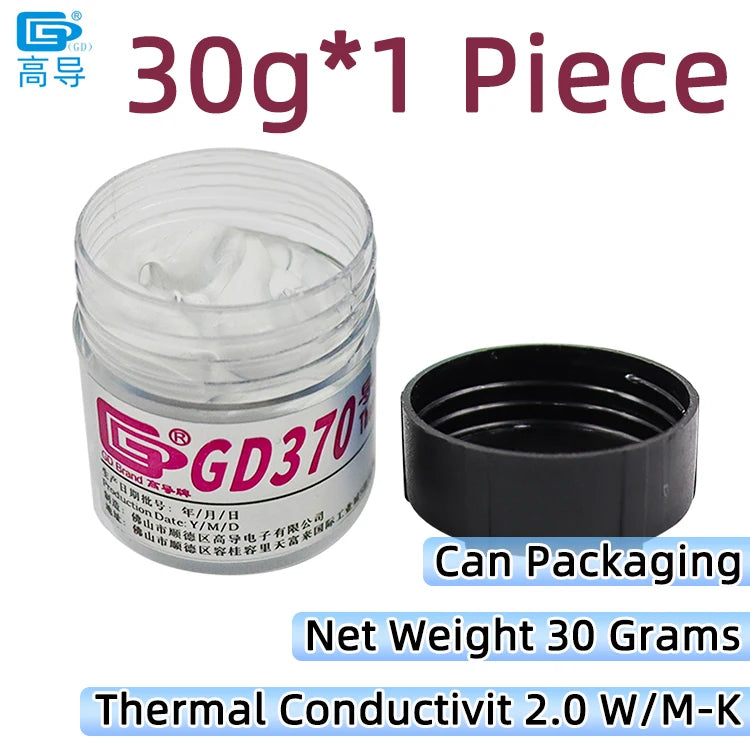 A glass jar of GD370 thermal conductive grease paste with a black lid and an accompanying black canning ring.