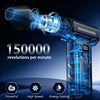 A close-up of a high-power brushless handheld air blower with blue glowing components and performance text.