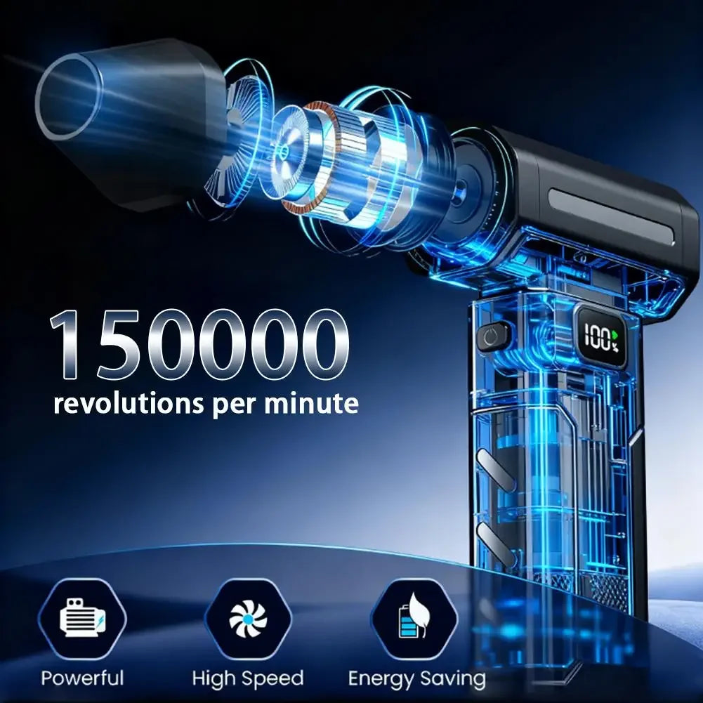 A close-up of a high-power brushless handheld air blower with blue glowing components and performance text.