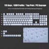 A set of 115 custom profile keycaps for a mechanical keyboard, showing various layouts and individual keys.