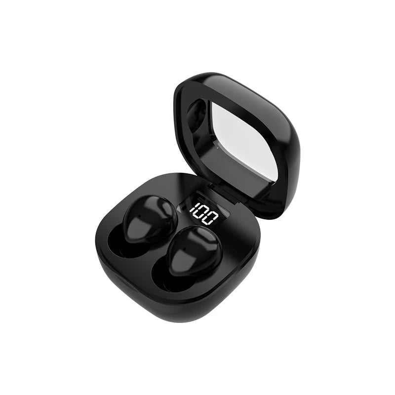A black mini Bluetooth earphone case open, showing a charging indicator of 100.