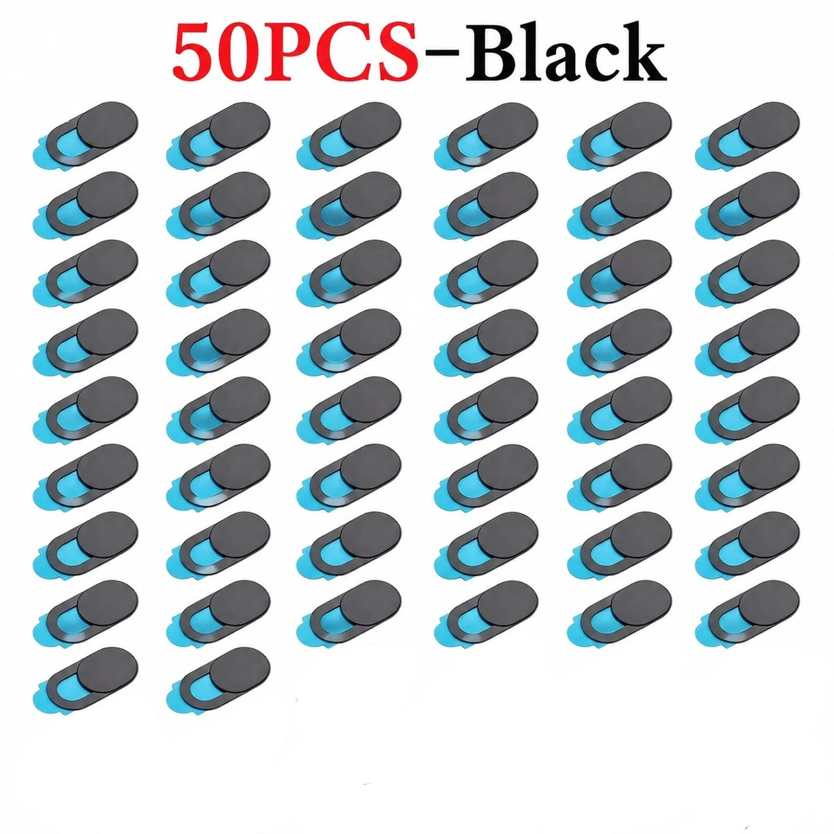 50 pieces of black privacy sliding camera covers for laptops and devices arranged in a grid.