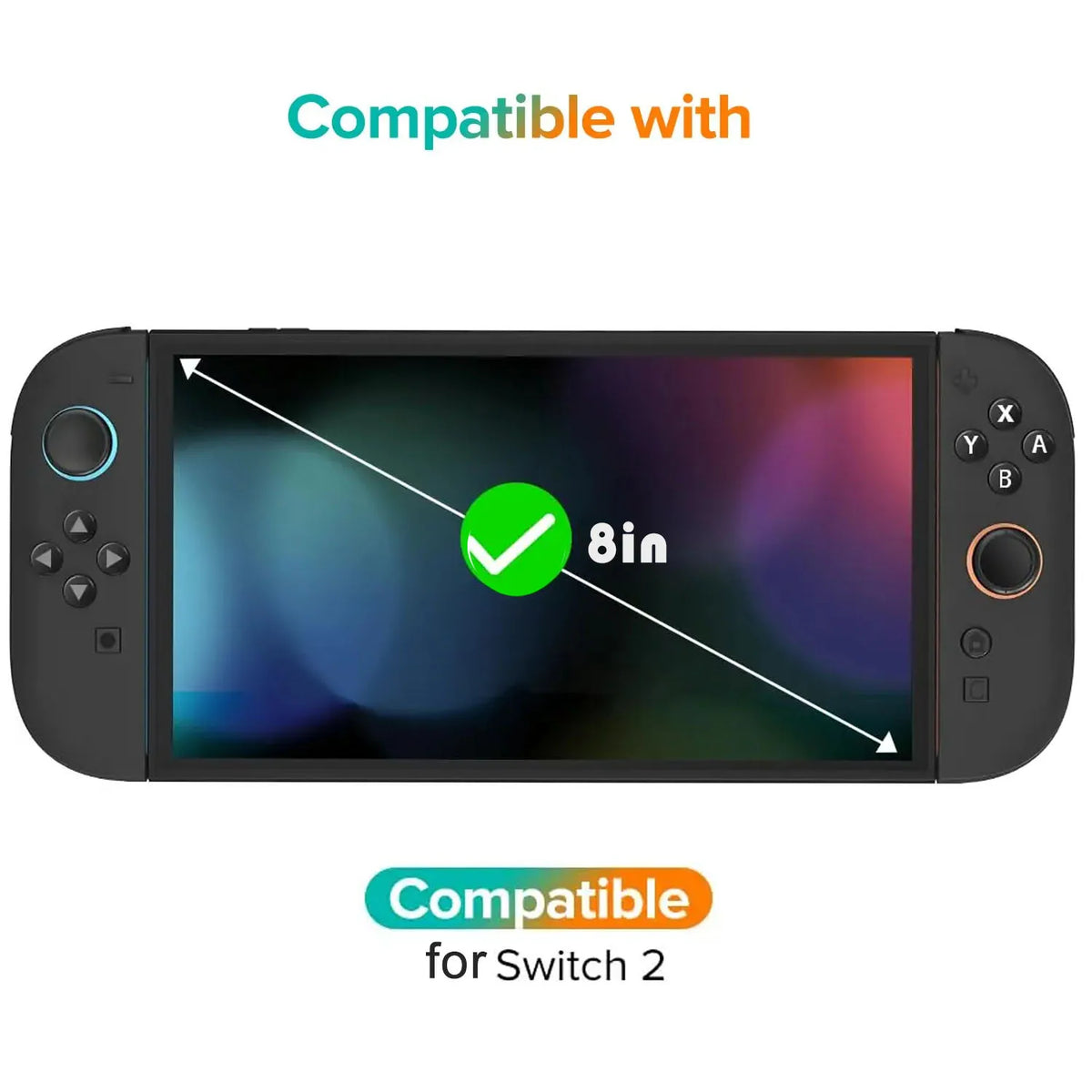 A black screen protector for a device, showing compatibility with an 8-inch screen and the Switch 2 console.