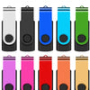 A display of various colored high-capacity USB flash drives, showing different colors like silver, black, blue, cyan, green, 