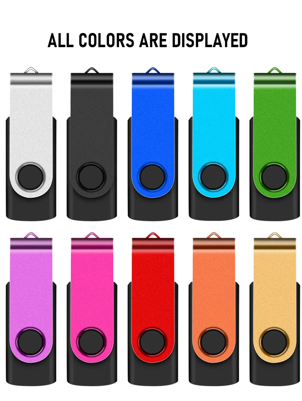 A display of various colored high-capacity USB flash drives, showing different colors like silver, black, blue, cyan, green, 