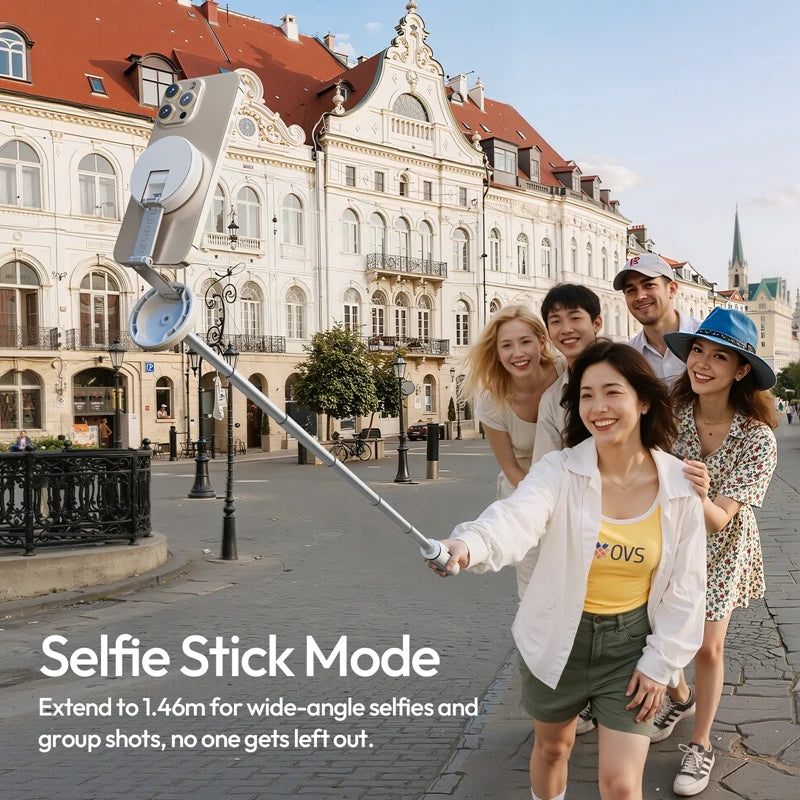 A woman is using a selfie stick to take a photo in an outdoor city setting.
