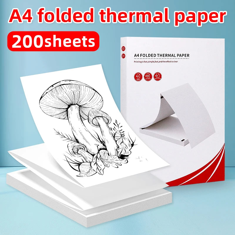 A stack of 200 sheets of A4 folded thermal paper in a red box and loose sheets.