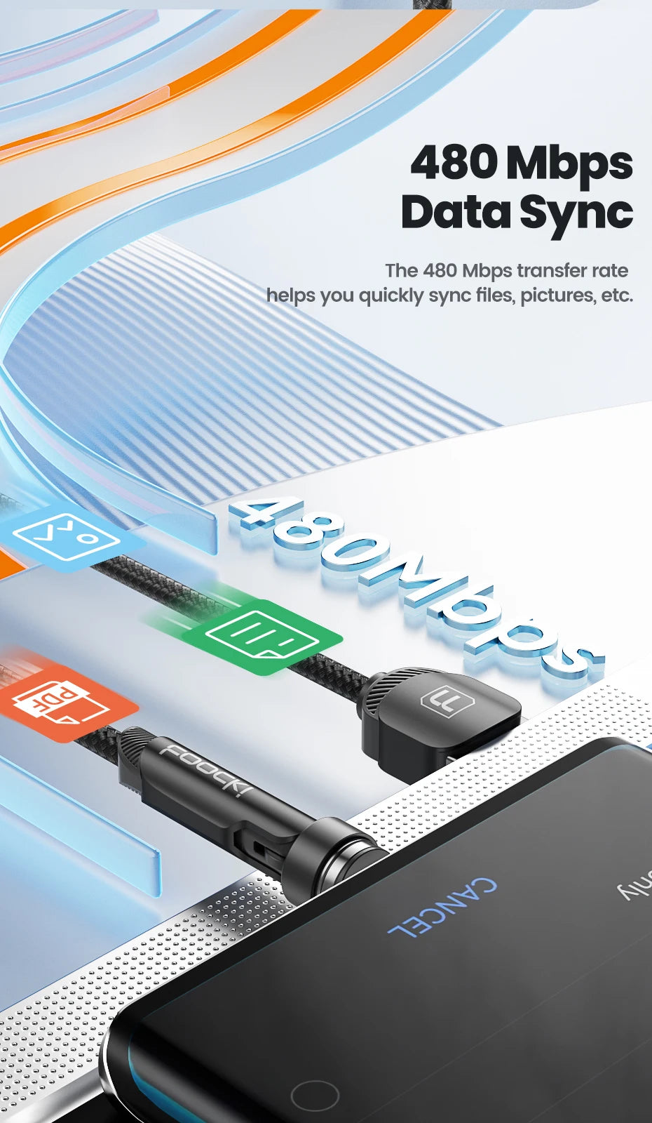 A close-up of a magnetic charging cable connecting a device to a computer, illustrating 480 Mbps data sync.