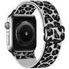 Apple Watch with a leopard print nylon band and a black silicone case.