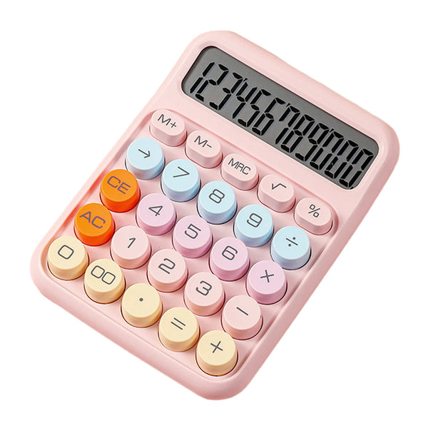 A pink mechanical 12-digit calculator with round keys displaying the number 1234567890000.
