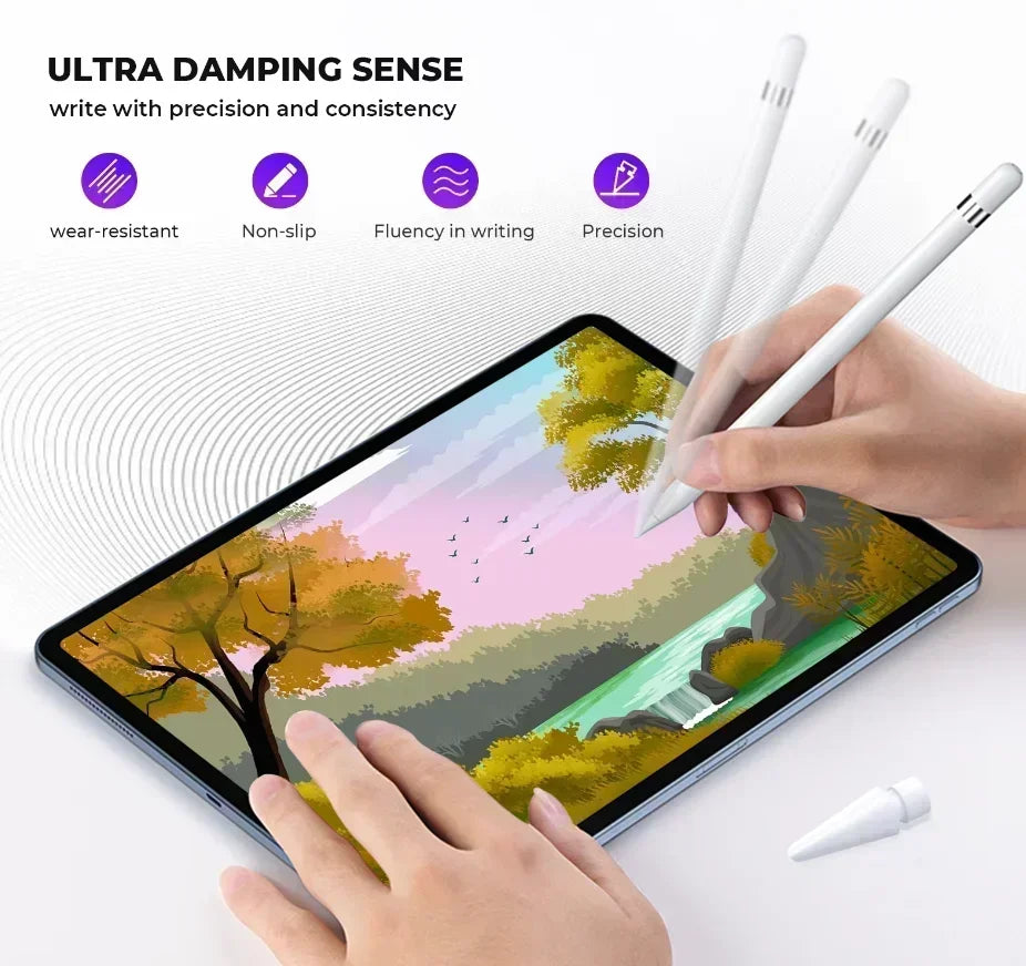 Eine Hand hält einen Stift, der auf einem Apple iPad eine Naturszene zeichnet, was die Ultra-Dämpf-Funktion demonstriert.