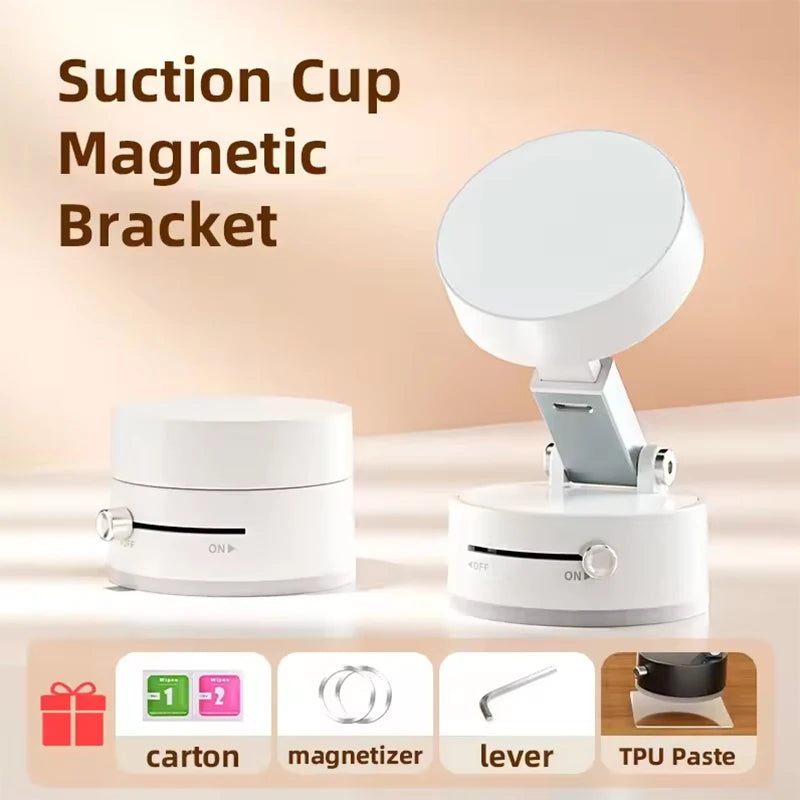 A white suction cup magnetic bracket product shown with its components including a carton, magnetizer, lever, and TPU paste.