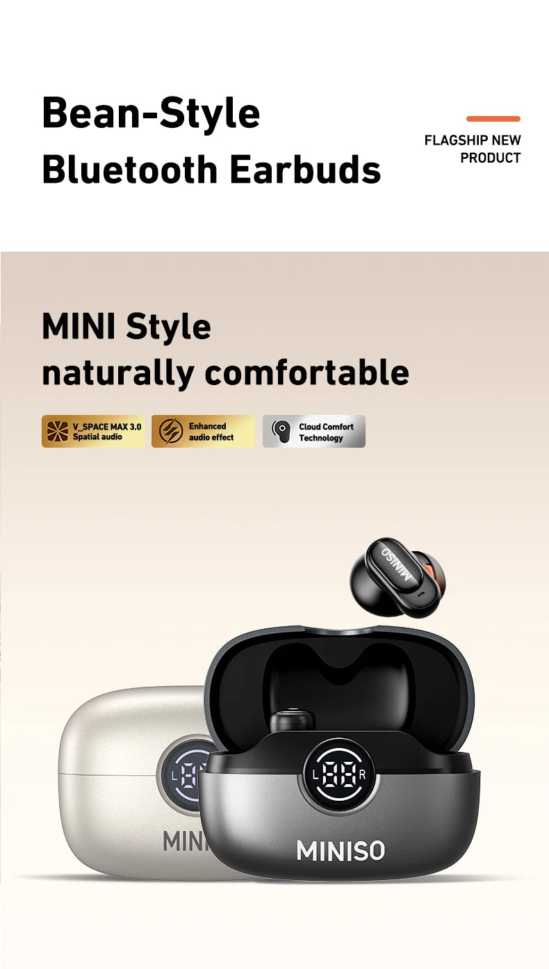 A pair of beige and black Mini Style Bluetooth earbuds shown next to their charging case.