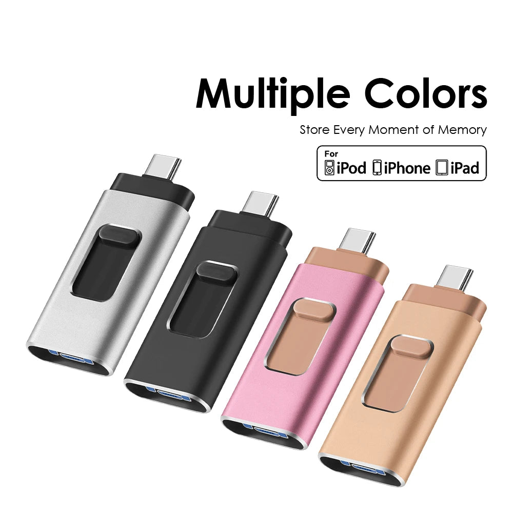 A set of four multi-colored USB flash drives for iPod, iPhone, and iPad devices.