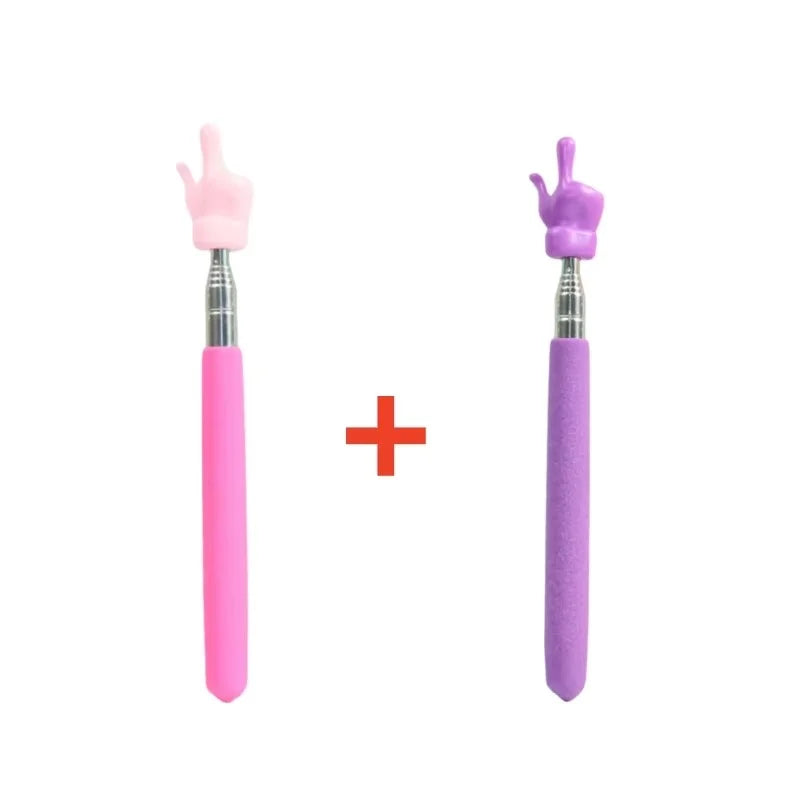 A pink stainless steel telescopic teaching pointer next to a purple one with a red plus sign.