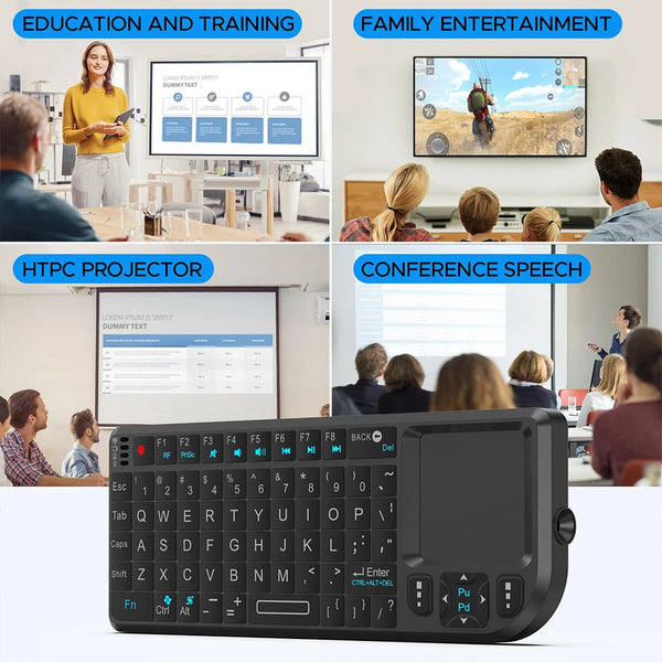 A black multi-function wireless keyboard and mouse set is shown with various educational, entertainment, and conference conte