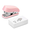 A pink compact mini stapler kit with staples shown next to its white packaging box.