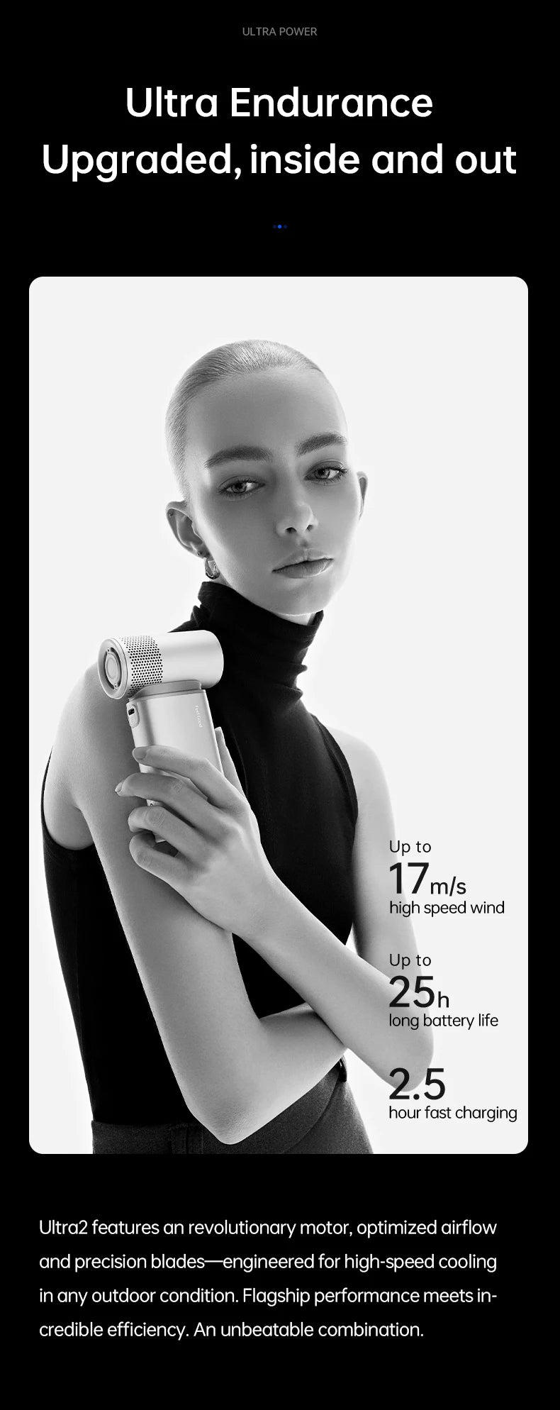 A woman holds a black handheld turbo fan against a white background.