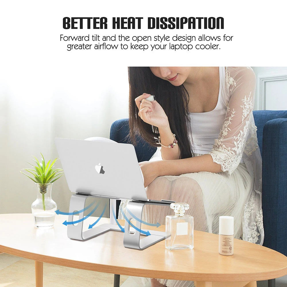 An aluminum alloy laptop stand is shown under a laptop, demonstrating better heat dissipation for cooling.