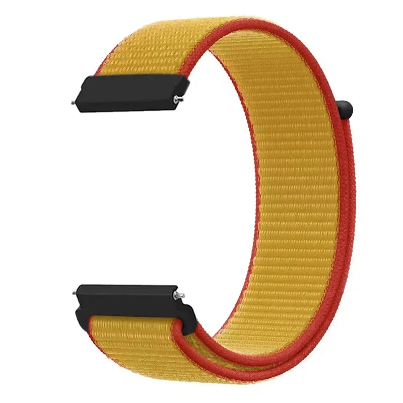 A yellow and orange nylon loop watch strap for a kid's watch.
