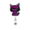 A black silhouette cat design with pink text reading Crazy Cat Lady on a clear acrylic badge holder.