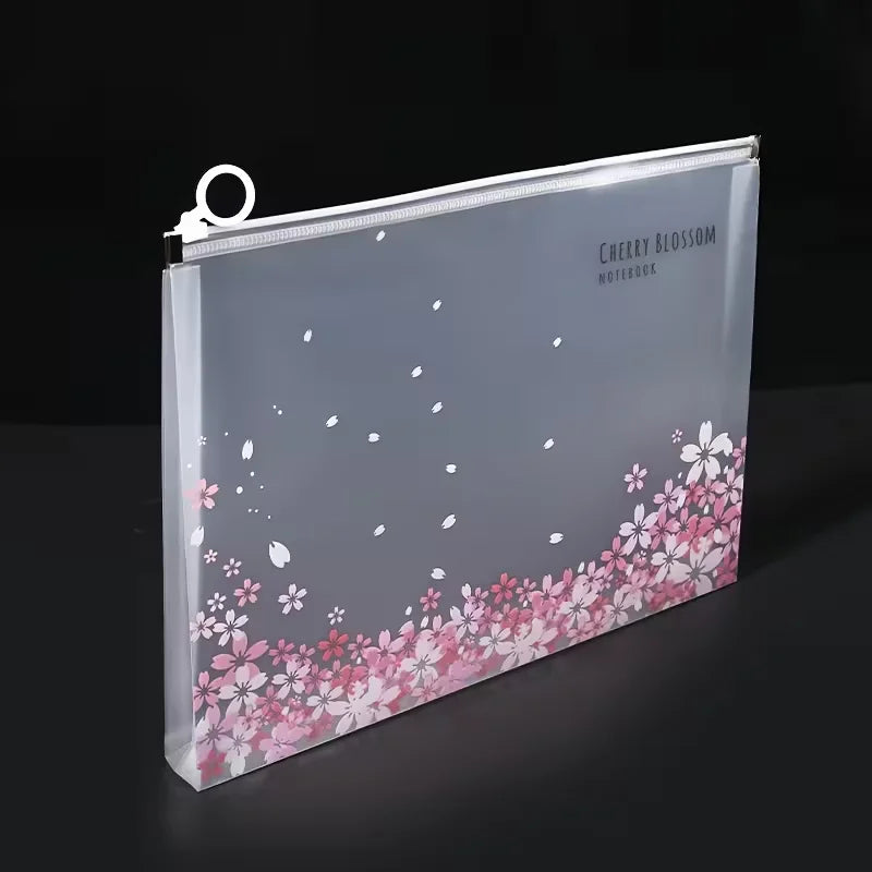 A transparent zipper file bag for an A4 notebook featuring a delicate pink cherry blossom floral design.