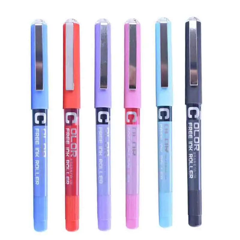 A set of six precision rollerball gel pens in various colors and finishes.