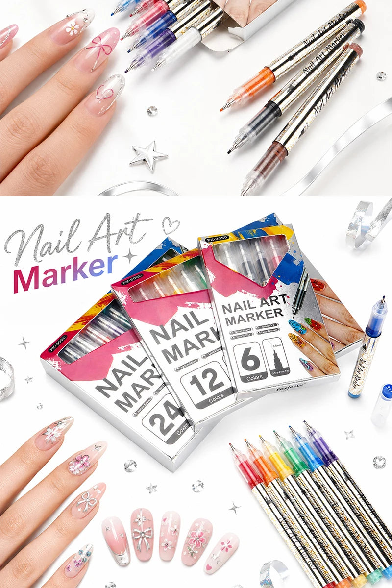 A collection of nail art marker pens and tools including various colors and tips shown on fingers.