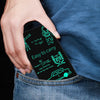 A hand holds a black writing tablet displaying handwritten physics equations and diagrams.