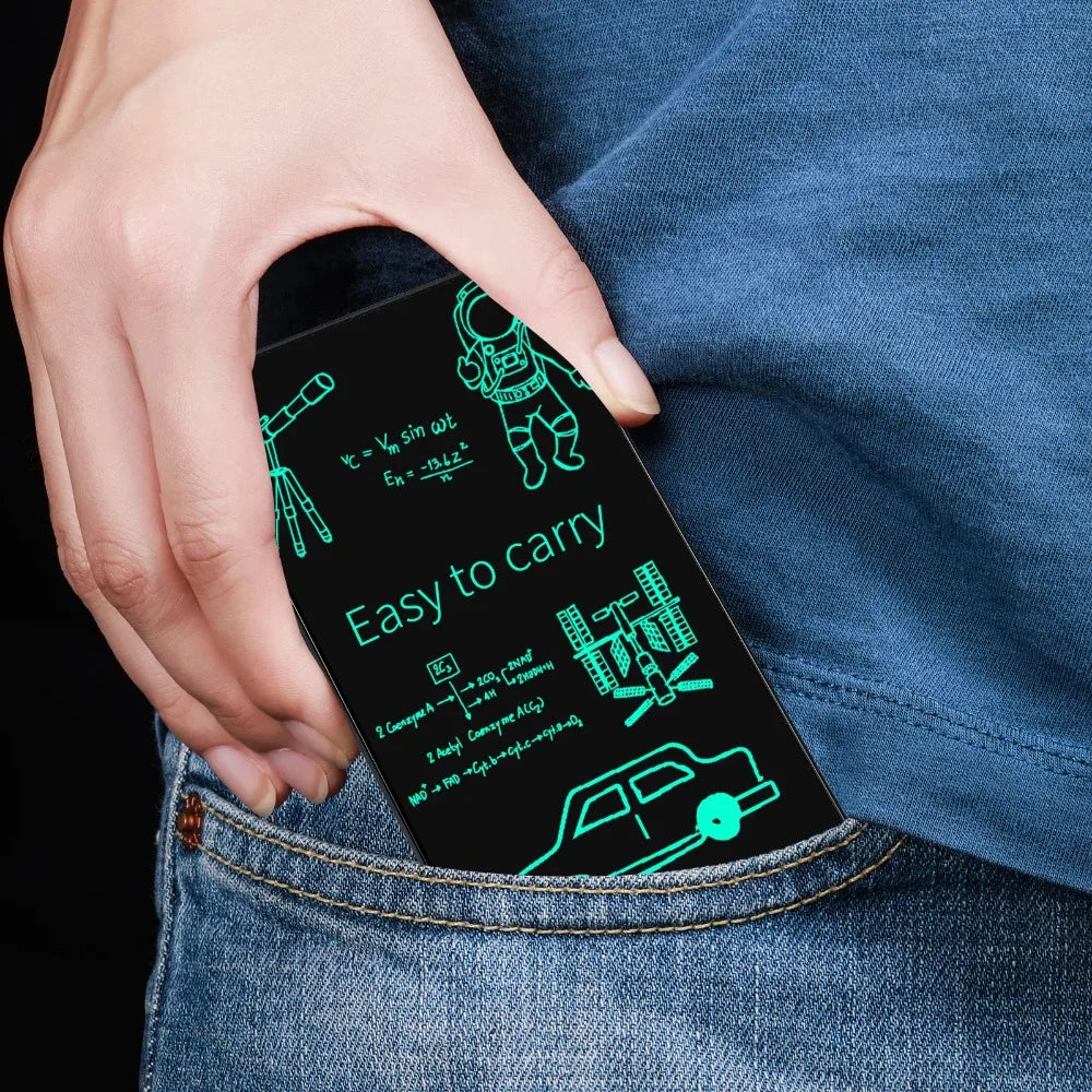 A hand holds a black writing tablet displaying handwritten physics equations and diagrams.