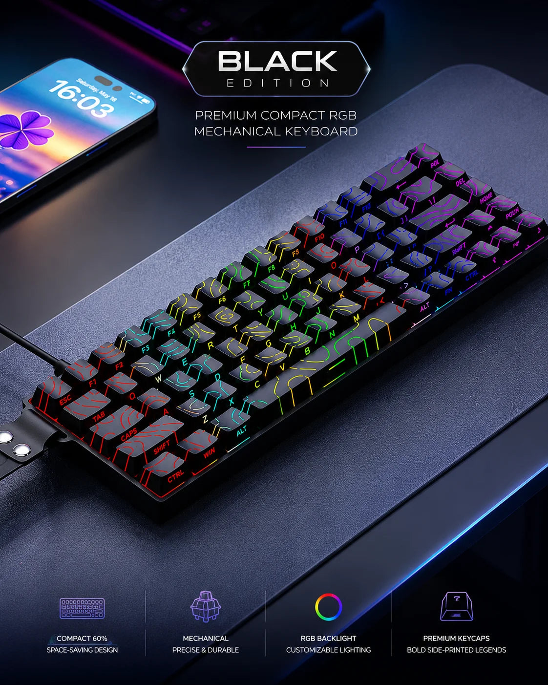 A close-up view of a black compact mechanical keyboard with RGB backlight and premium keycaps on a dark surface.